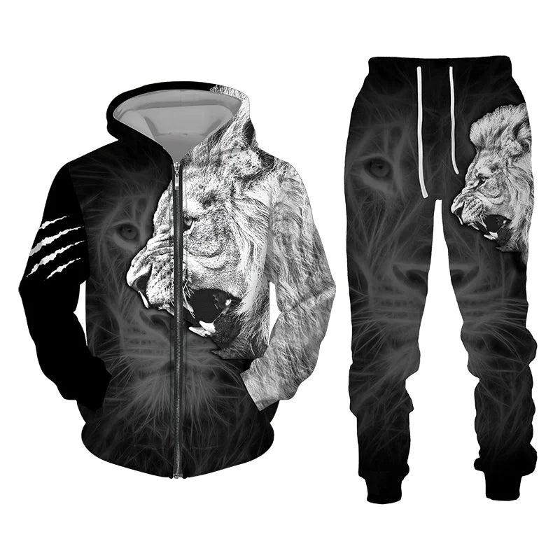 3D The Lion Print Men's Tracksuit Zipper Hoodies Sweatshirts Pants Sets Casual Streetwear Mens Clothing Women's Tracksuit S-6XL