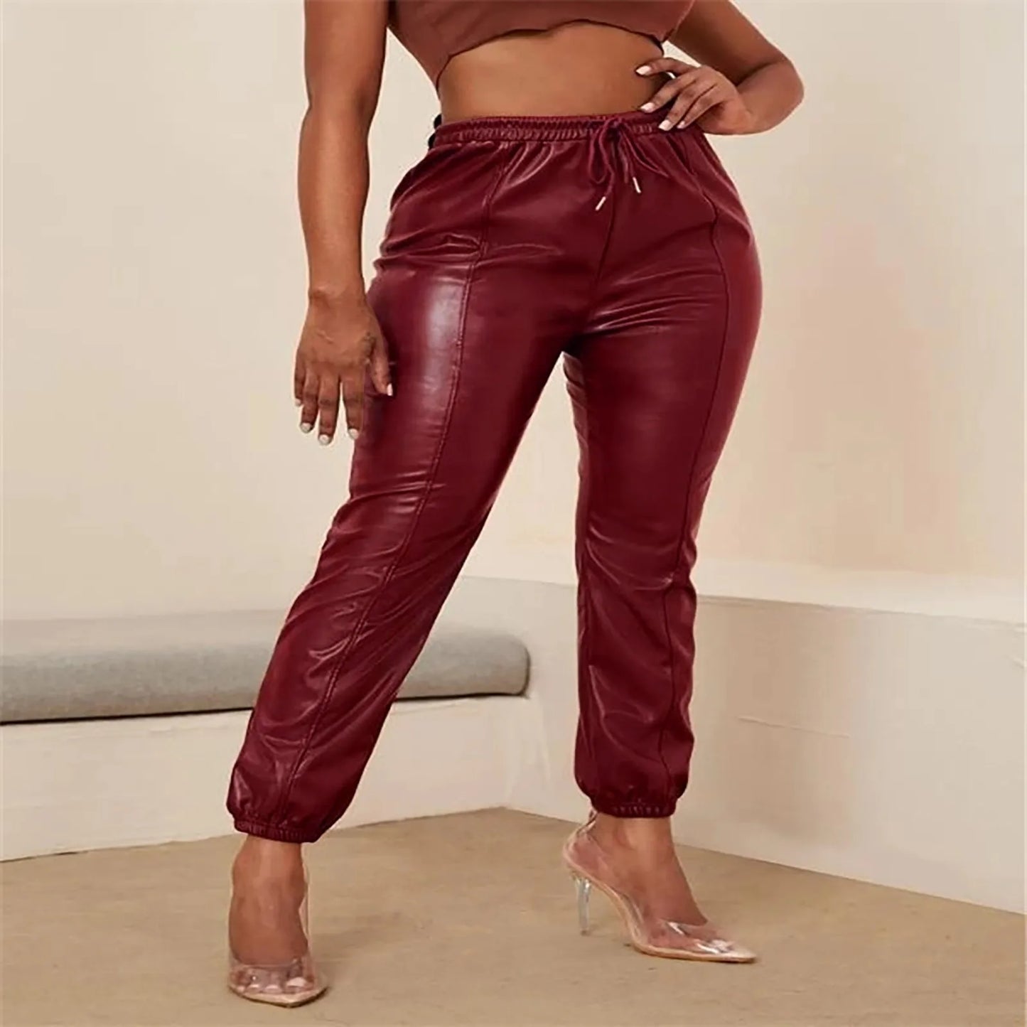 Leather Pants (incl. Belt) Mid-Waist Fashion Straight Leg