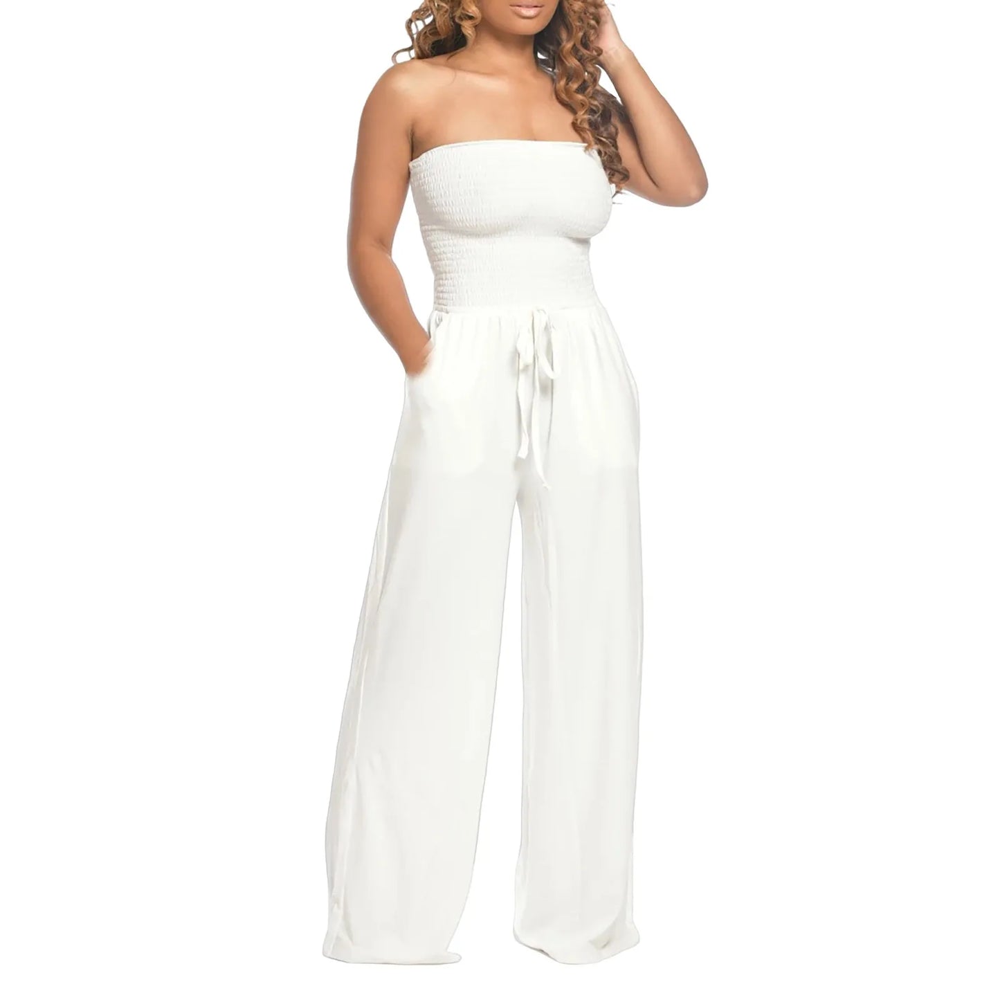 Sleeveless Strapless Lace Up Wide Leg Jumpsuit