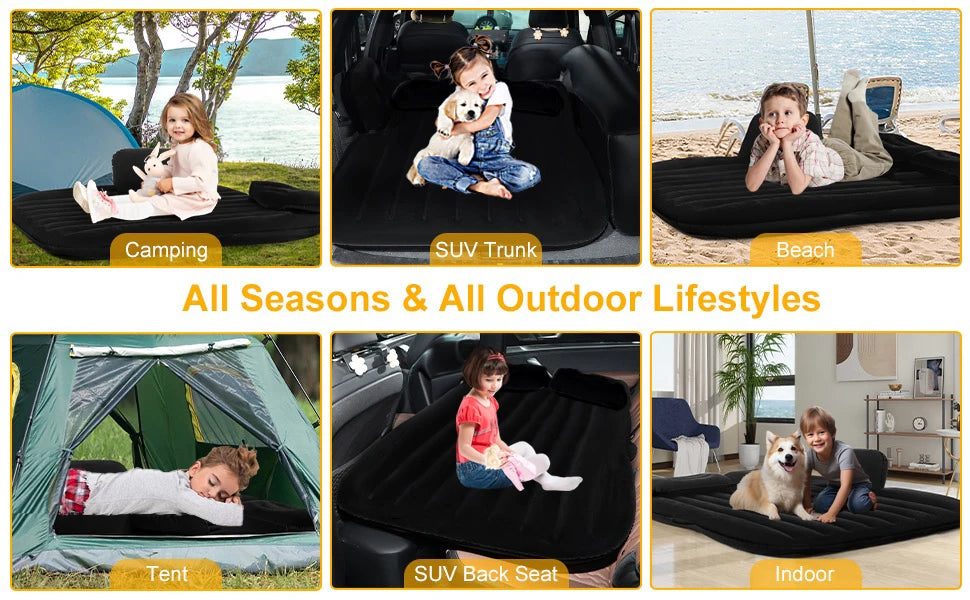 Car Air Mattress Portable Bed Back Seat Inflatable SUV Camping Mattress with Pump & 2 Pillows (Black)