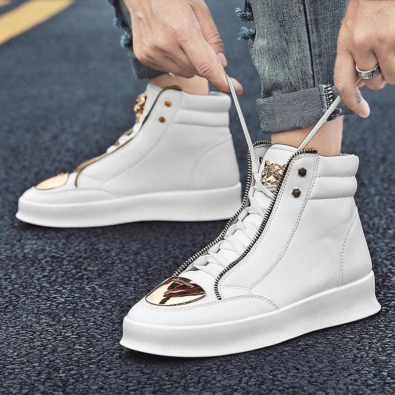 Hot Sale White High Top Sneakers Men Leather Casual Sneakers Fashion Zipper Design Ankle Boots Men Rock Street Hip Hop Shoes Men