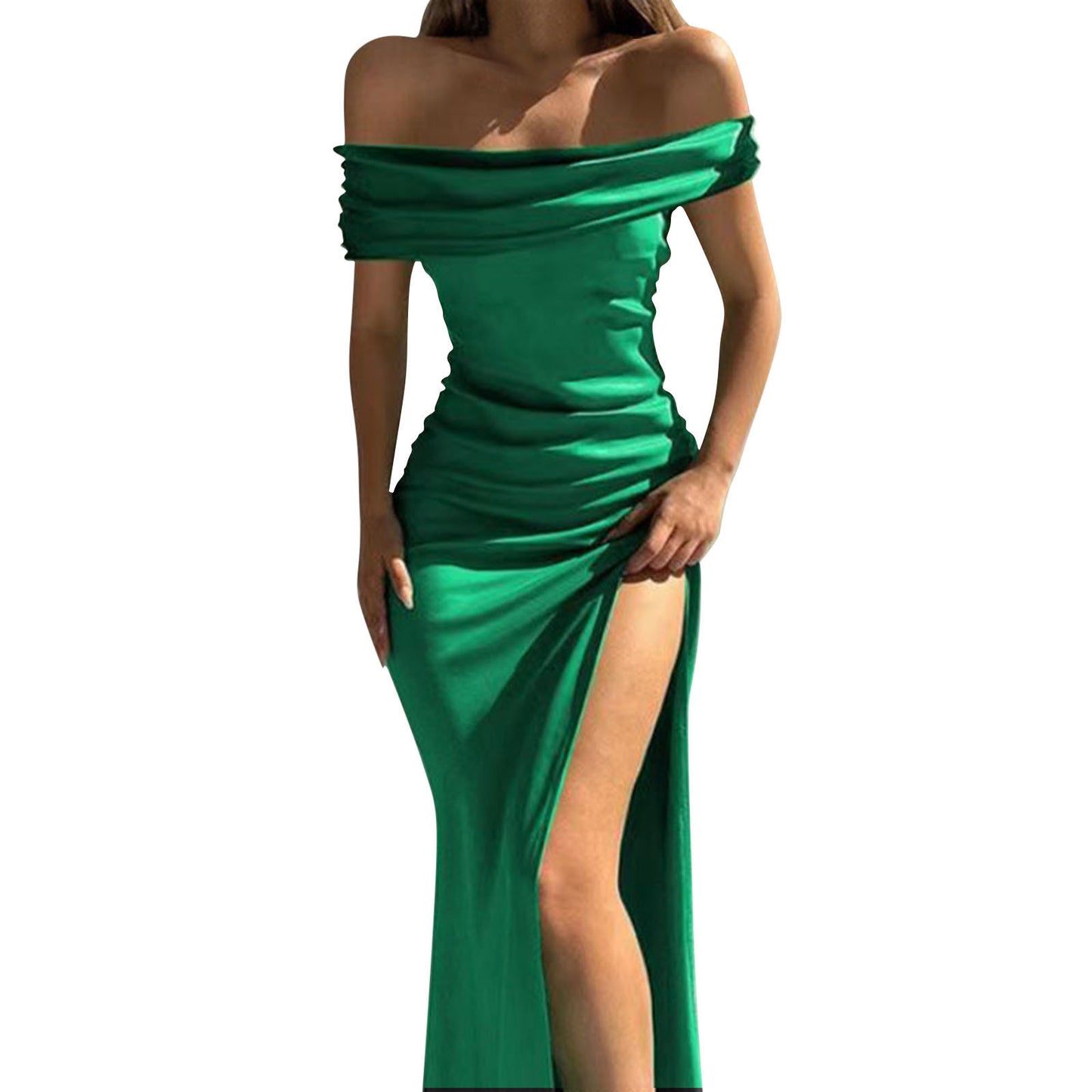 Off Shoulder Satin Slim Side Slit Midi Dress