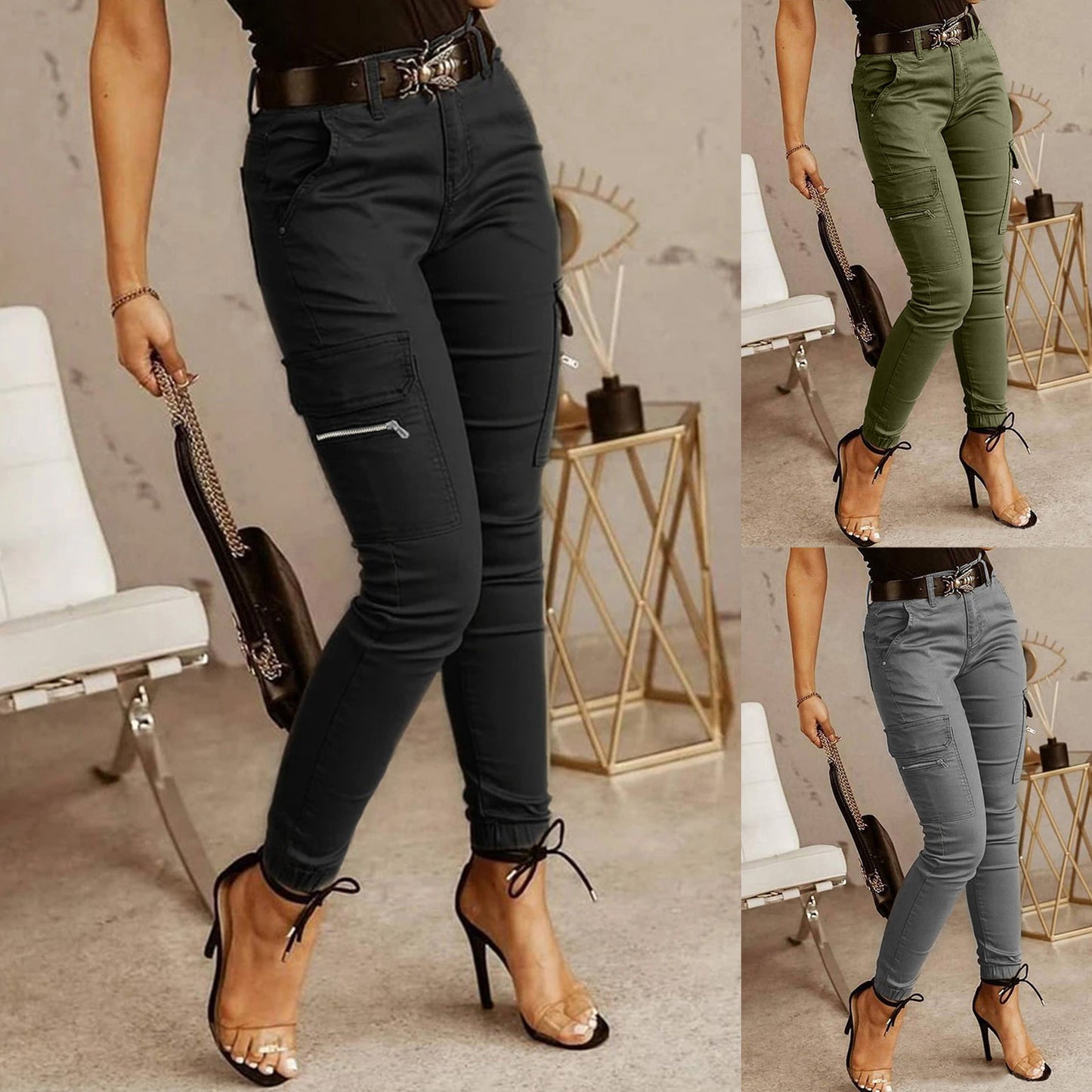 Plus Size Cargo Pants Women Solid Zipper Pocket Design Cargo Pants Without Belt Wide Pants Women High Waist pantalones de mujer