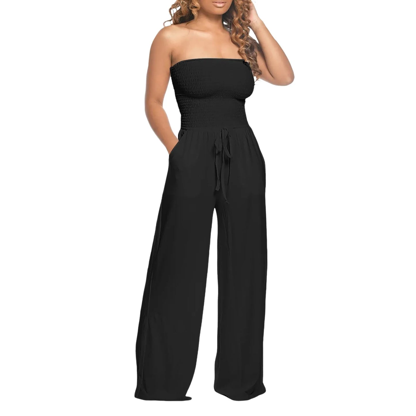 Elegant Soft Lace Jumpsuits Glitter Romper Women Solid Ruffle Lace Sleeveless Lace Up Jumpsuit Medium Length Straight Trousers