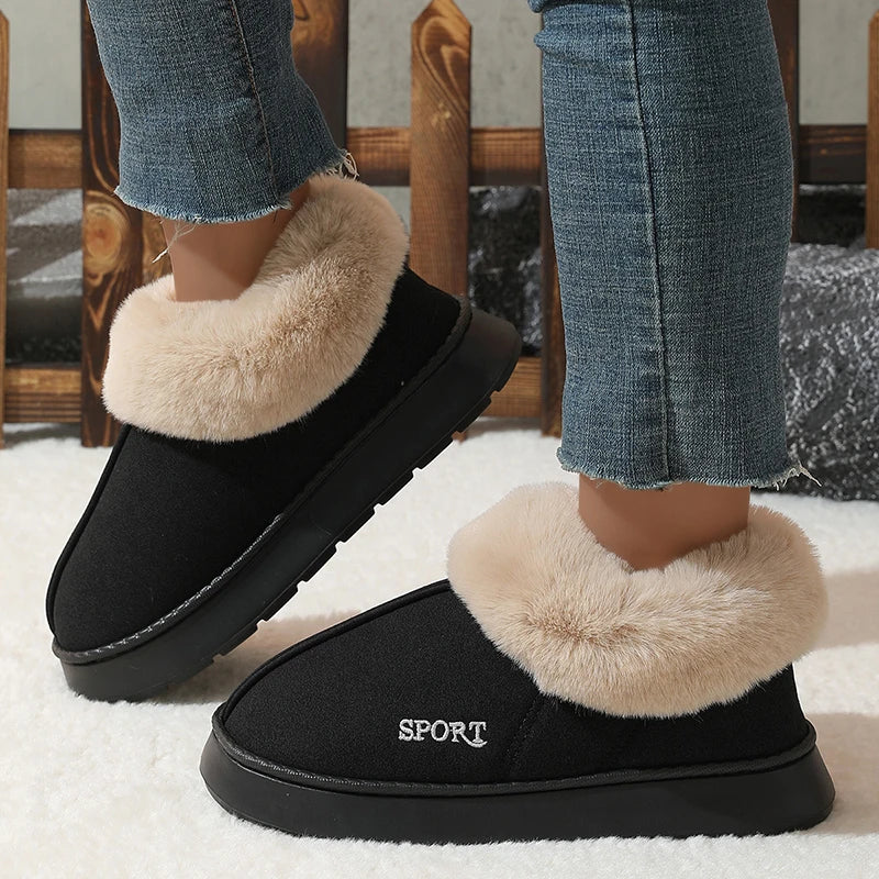 2024 Pink Faux Fur Winter Boots Women New Faux Suede Short Plush Snow Boots Woman Non Slip Thick Bottom Cotton Padded Shoes 45