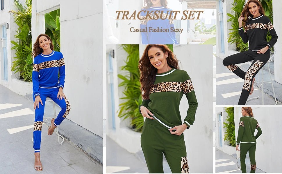 Leopard Print Ribbed Cuffs Top Pants Long Sleeve Set