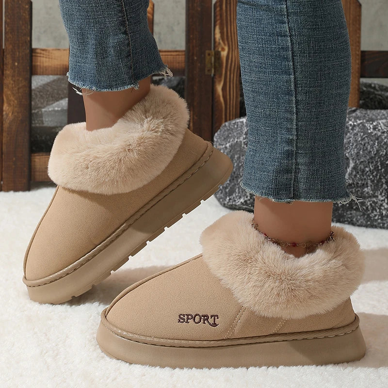 2024 Pink Faux Fur Winter Boots Women New Faux Suede Short Plush Snow Boots Woman Non Slip Thick Bottom Cotton Padded Shoes 45