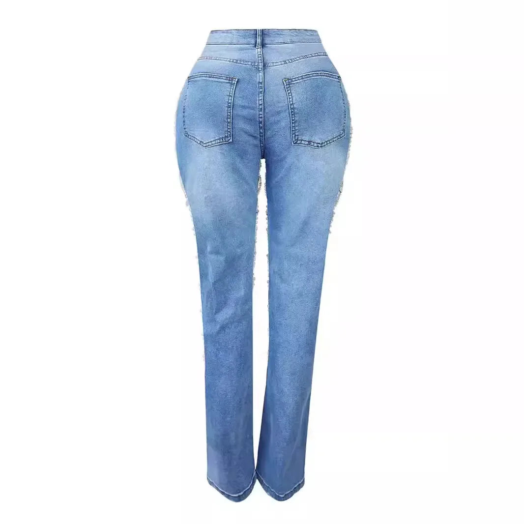 Women Fashion Pearl Beading Ripped Hollow Out Tassel Jeans