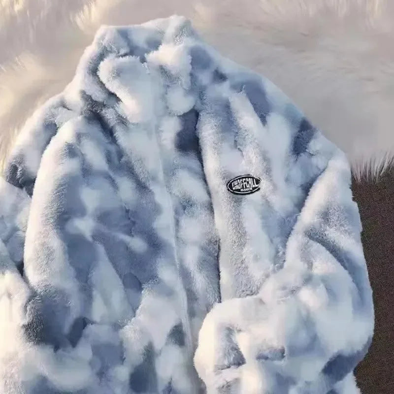 Women Tie Dye Fleece Jacket Coat 2024 Autumn Winter Girl Zipper Outerwear Warm Plush Jackets Harajuku Loose Female Blue Coat