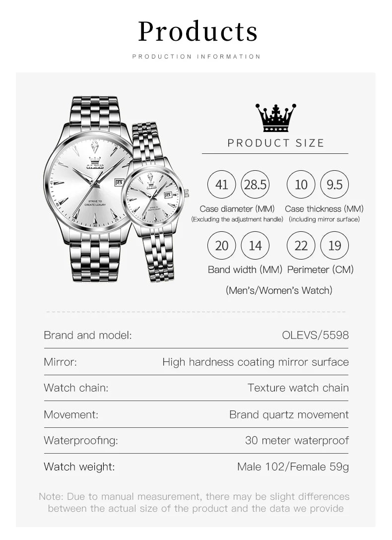 OLEVS Top Luxury Brand Couple Watch Waterproof Stainless Steel Quartz Watch for Men's and Lady's Date Lover Original Wristwatch