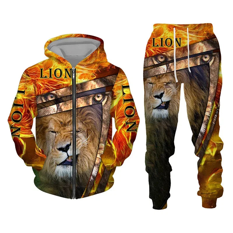 3D The Lion Print Men's Tracksuit Zipper Hoodies Sweatshirts Pants Sets Casual Streetwear Mens Clothing Women's Tracksuit S-6XL