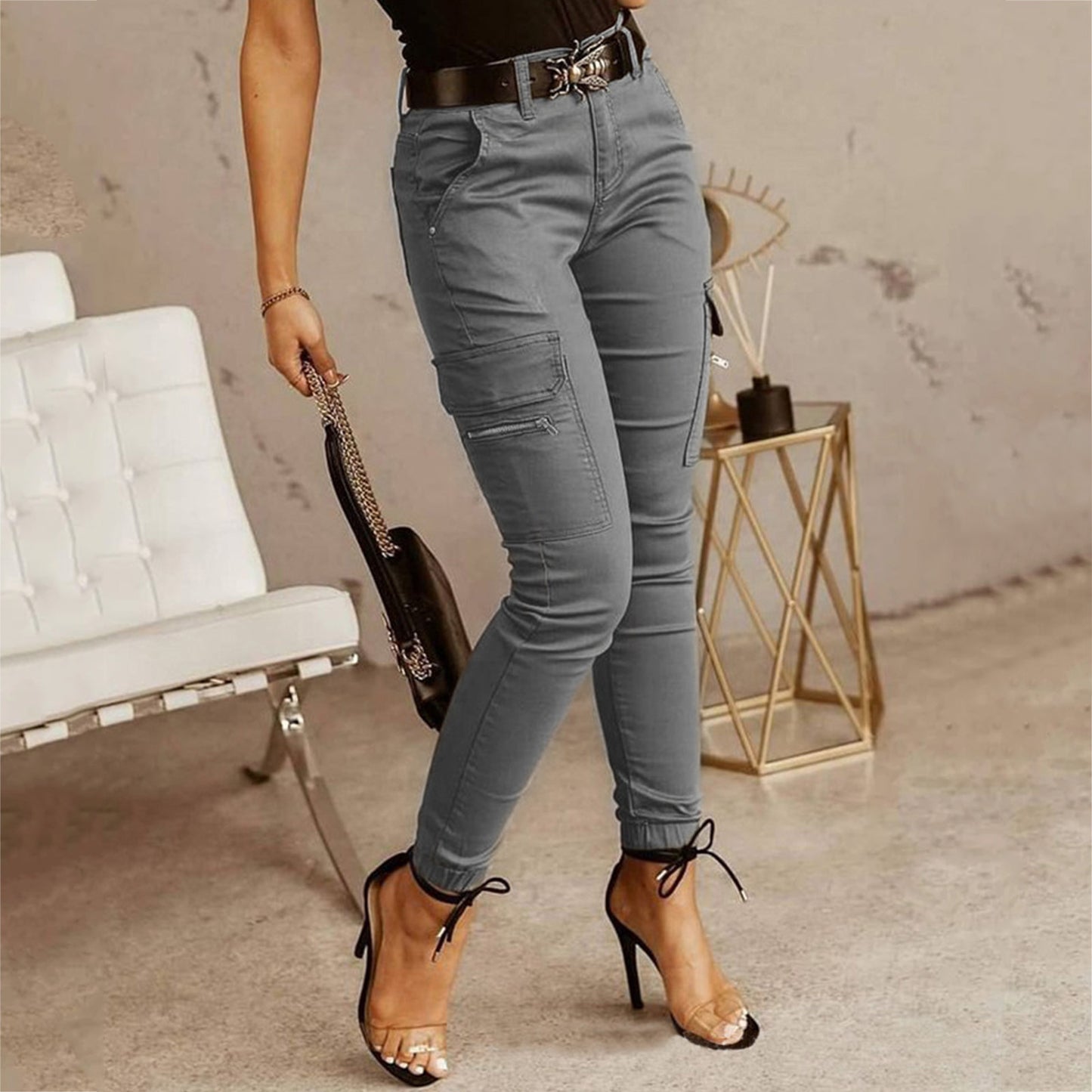 Plus Size Cargo Pants Women Solid Zipper Pocket Design Cargo Pants Without Belt Wide Pants Women High Waist pantalones de mujer