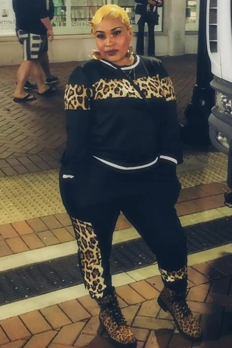 Leopard Print Ribbed Cuffs Top Pants Long Sleeve Set