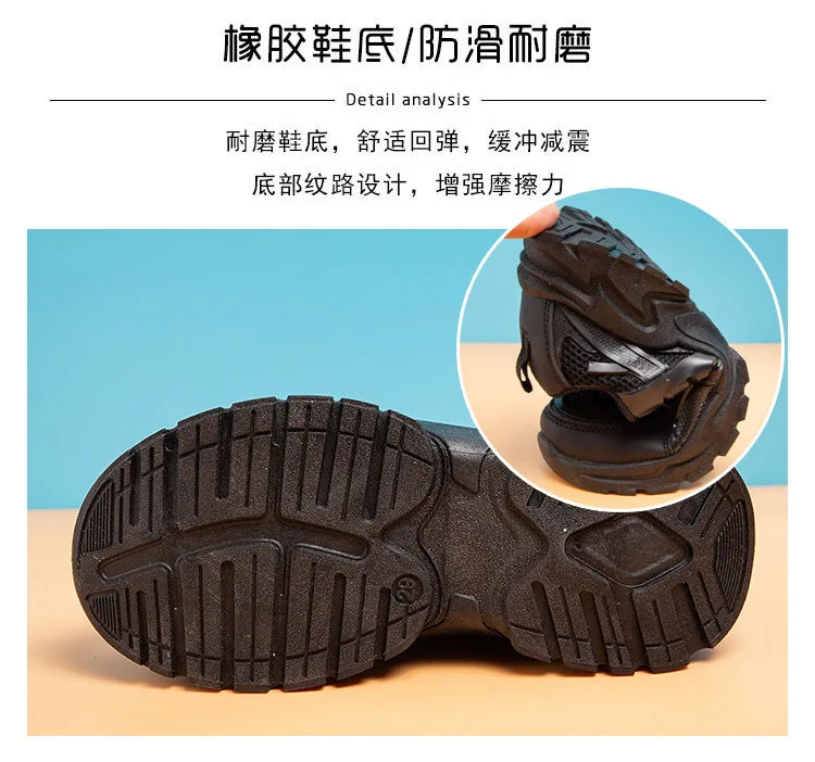 Black Simple Sneakers Lace Up Non-slip Kids Fashion Mesh Breathable Boys Sneakers 2022 Summer New All-match  Girls School Shoes