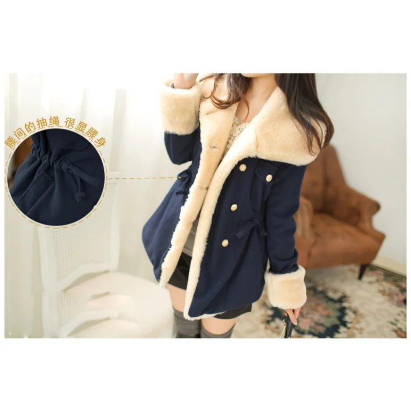 Thick Jackets for Women Casual Solid Slim Double Breasted College Wind Female Cotton Winter Women Warm Turn-down Collar Coat