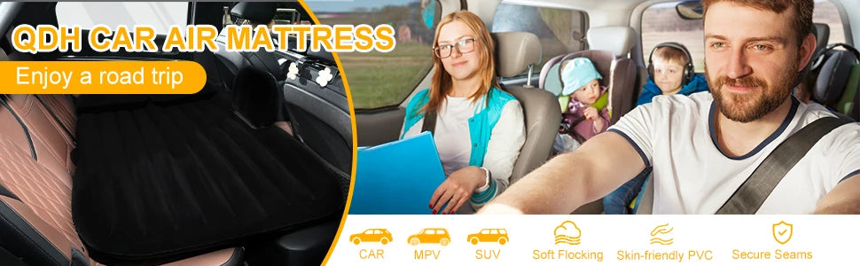 Car Air Mattress Portable Bed Back Seat Inflatable SUV Camping Mattress with Pump & 2 Pillows (Black)