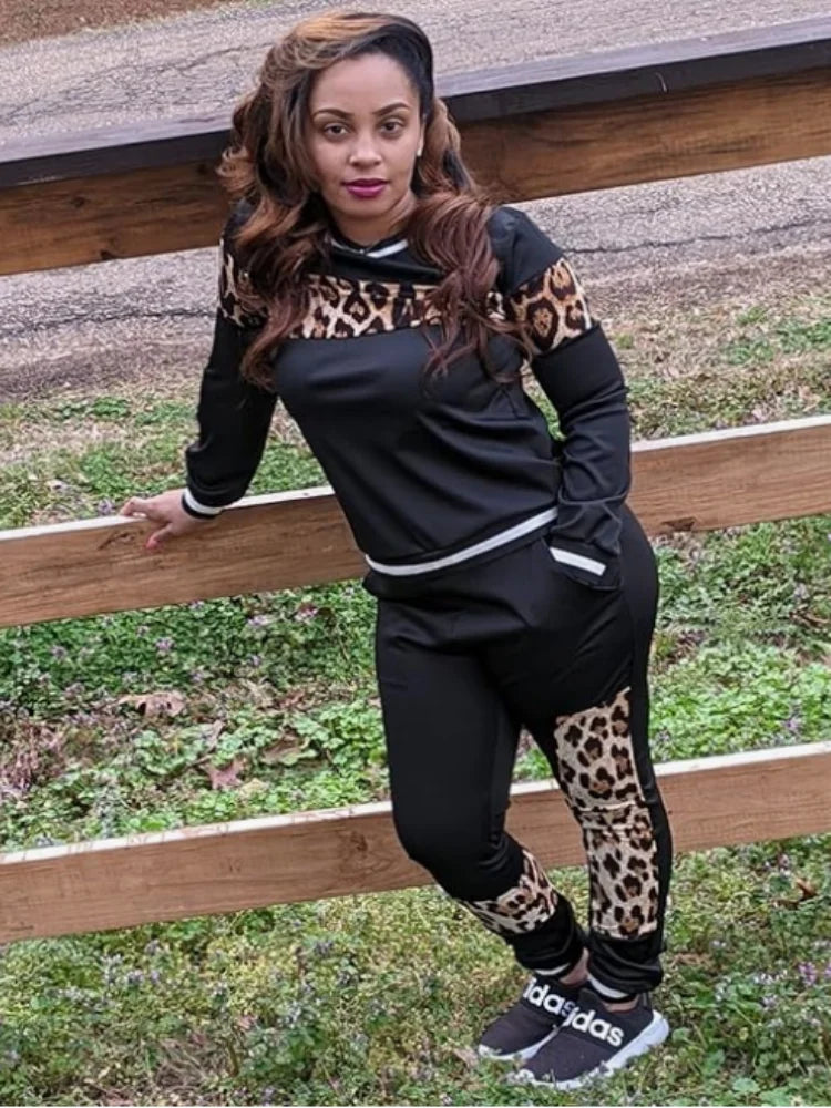 Leopard Print Ribbed Cuffs Top Pants Long Sleeve Set