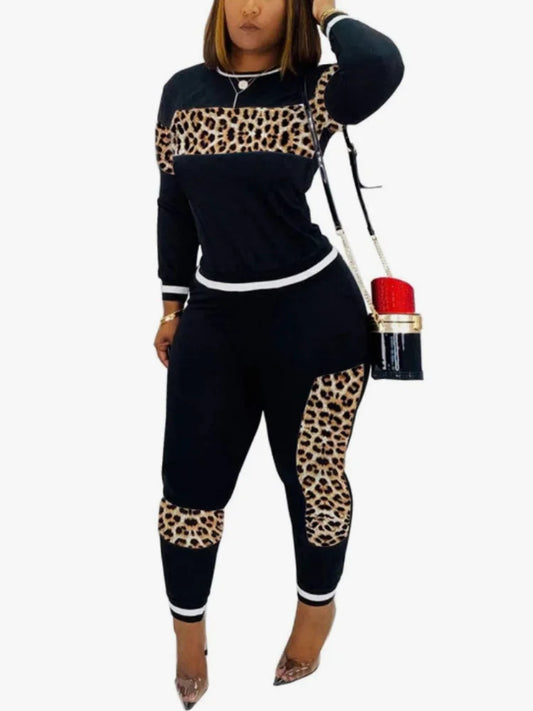 Leopard Print Ribbed Cuffs Top Pants Long Sleeve Set