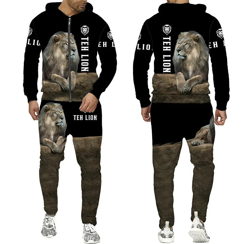 3D The Lion Print Men's Tracksuit Zipper Hoodies Sweatshirts Pants Sets Casual Streetwear Mens Clothing Women's Tracksuit S-6XL