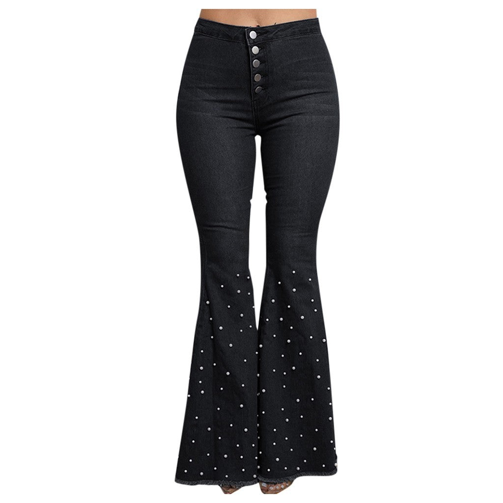 Denim Jeans For Women Plus Size High Waist Jeans Button Tassel Pants Trousers Bell-Bottom Pants Loose Straight Jeans Newjeans