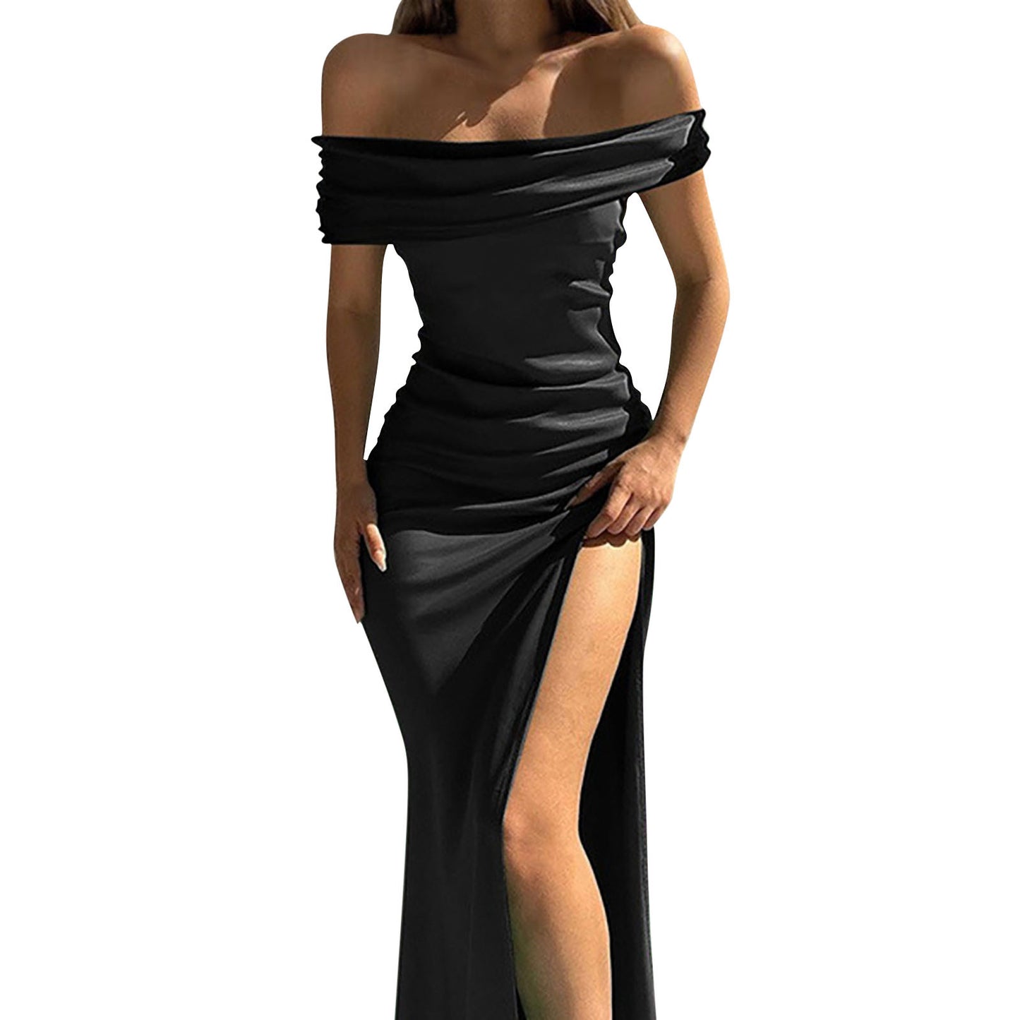 Off Shoulder Satin Slim Side Slit Midi Dress