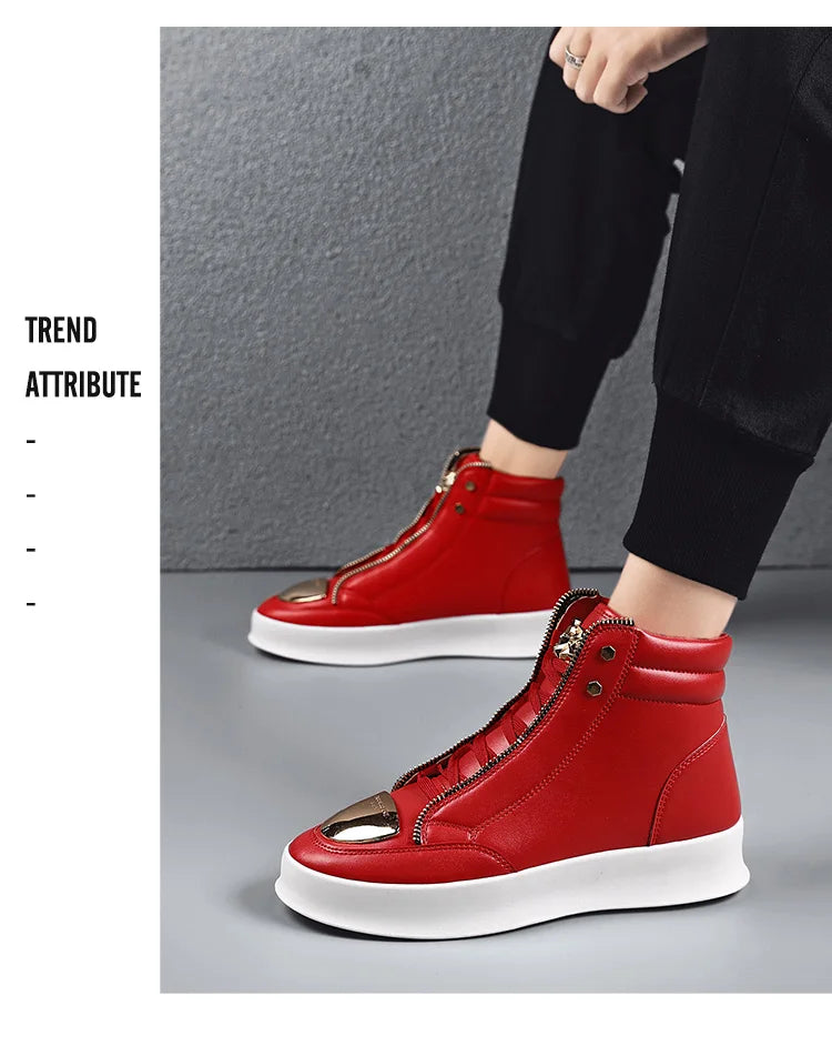 Hot Sale White High Top Sneakers Men Leather Casual Sneakers Fashion Zipper Design Ankle Boots Men Rock Street Hip Hop Shoes Men