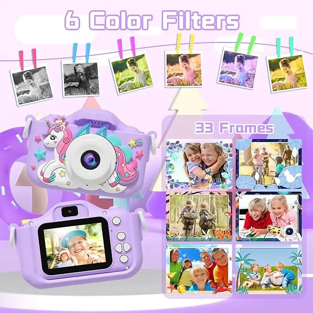 Unicorn HD Children Camera Toys Dual Front And Rear Cameras Selfie Video Camera Suitable For 3-12 Years Old Kids Birthday Gift