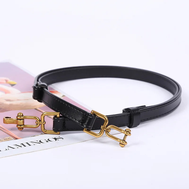 Korean Genuine Leather Belts for Women Slim Waist Belt Patent Leather with Gold Buckle for Dress Adjustable Woman Luxury Belt