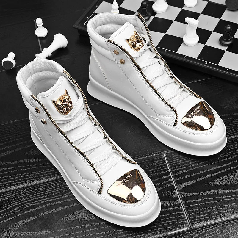 Hot Sale White High Top Sneakers Men Leather Casual Sneakers Fashion Zipper Design Ankle Boots Men Rock Street Hip Hop Shoes Men