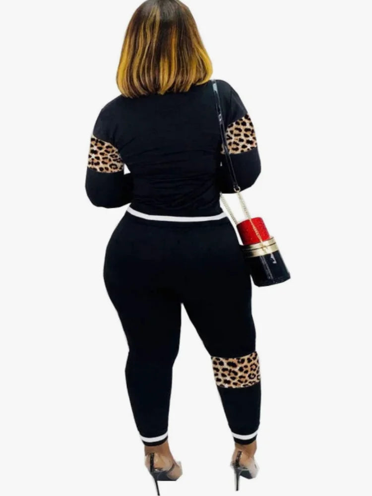 Leopard Print Ribbed Cuffs Top Pants Long Sleeve Set