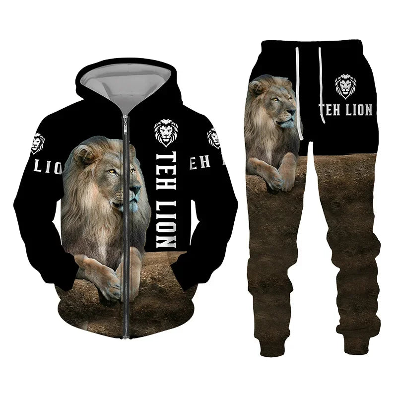 3D The Lion Print Men's Tracksuit Zipper Hoodies Sweatshirts Pants Sets Casual Streetwear Mens Clothing Women's Tracksuit S-6XL