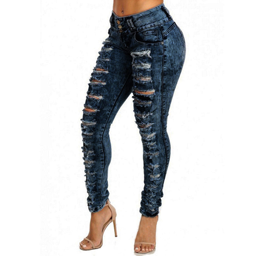 Fashion Women Casual Skinny Jeans Hole Denim Female Mid Waist Stretch Pants Women Pants High Waist Women 2023 New Collection