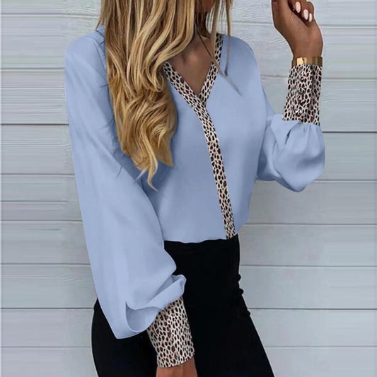 Fashion Leopard Stitching Long Sleeve Women Blouses For Work Professional V Neck Office Casual Tops Loose Chic Shirts Camisas