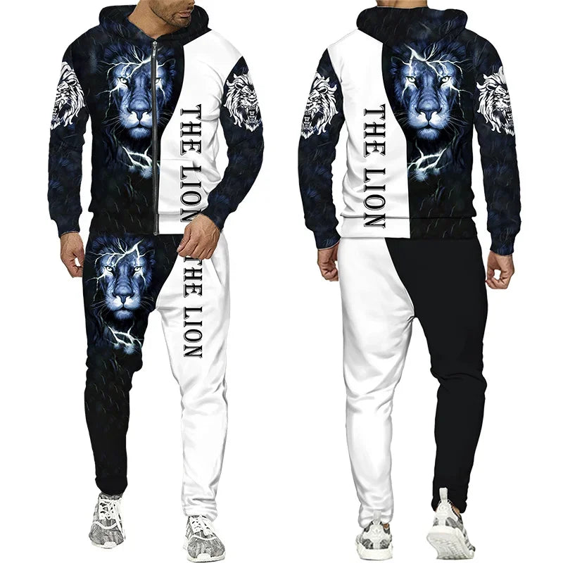 3D The Lion Print Men's Tracksuit Zipper Hoodies Sweatshirts Pants Sets Casual Streetwear Mens Clothing Women's Tracksuit S-6XL