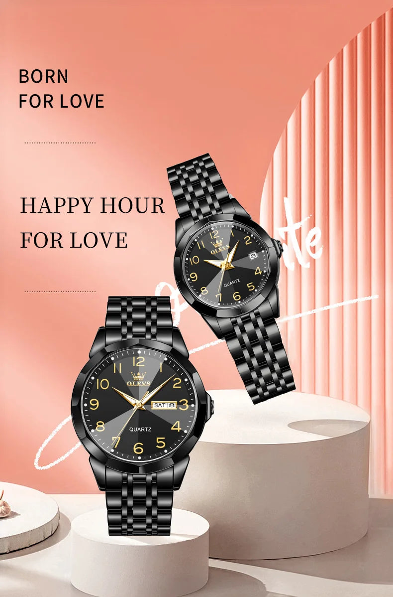 OLEVS 9970 Luxury Couple Watch Men Women Stainless Steel Waterproof Calendar Wristwatch Digital Dial Rhombus Mirror Lovers Watch