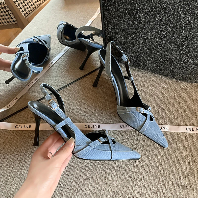 Women Denim Sandals Stiletto High Heels