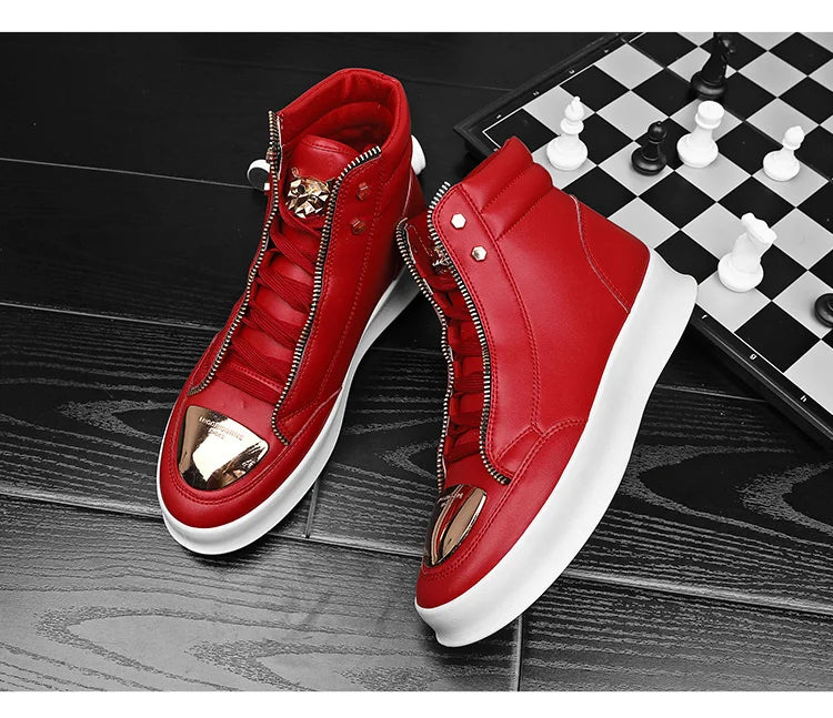 Hot Sale White High Top Sneakers Men Leather Casual Sneakers Fashion Zipper Design Ankle Boots Men Rock Street Hip Hop Shoes Men