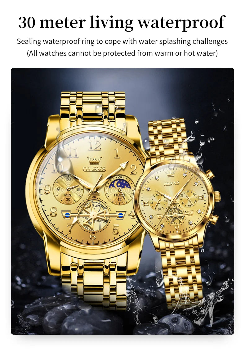 OLEVS New Flywheel Design Luxury Couple Watch Waterproof Moon Phase Chronograph Brand Original Quartz Wrist Watch for Men Women