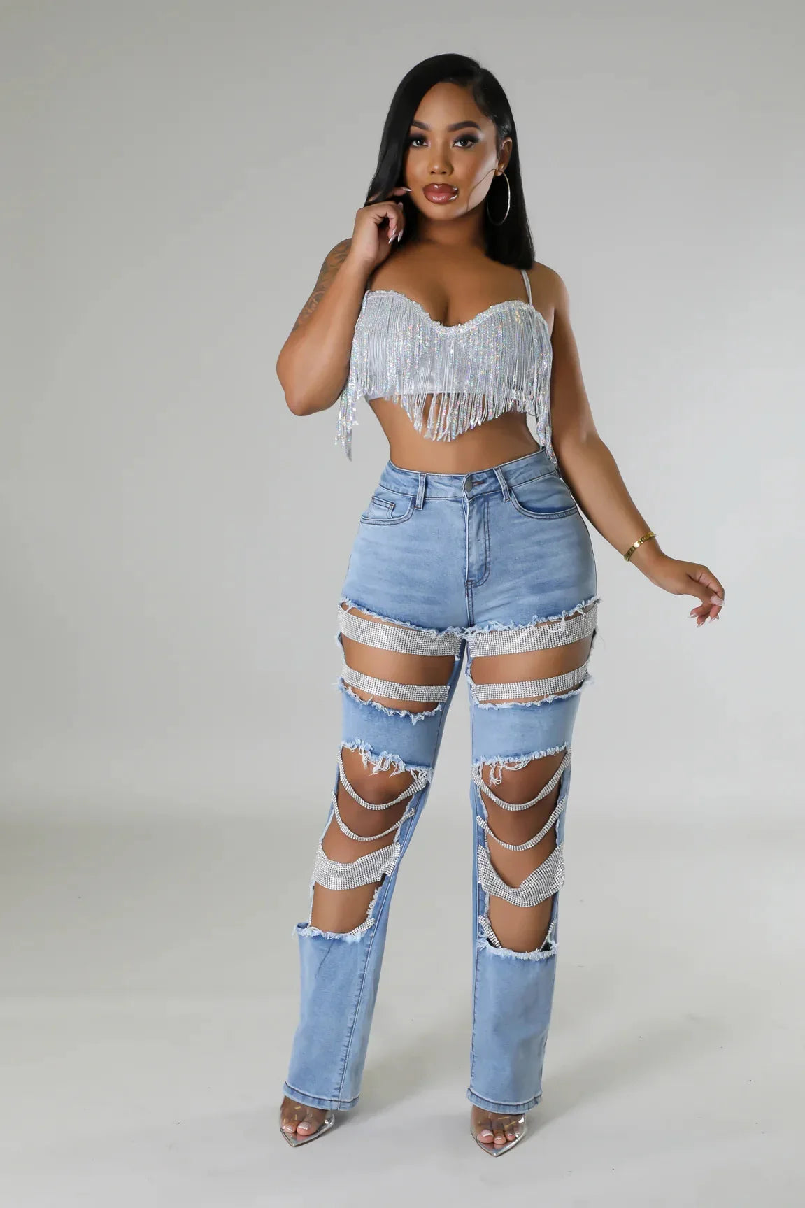 Women Fashion Pearl Beading Ripped Hollow Out Tassel Jeans