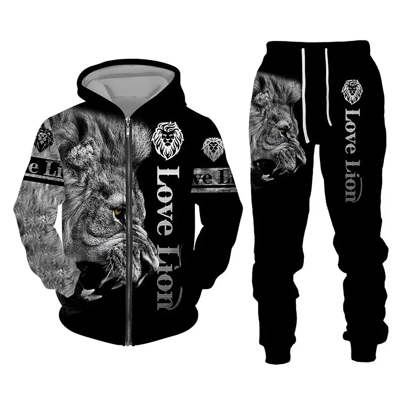 3D The Lion Print Men's Tracksuit Zipper Hoodies Sweatshirts Pants Sets Casual Streetwear Mens Clothing Women's Tracksuit S-6XL