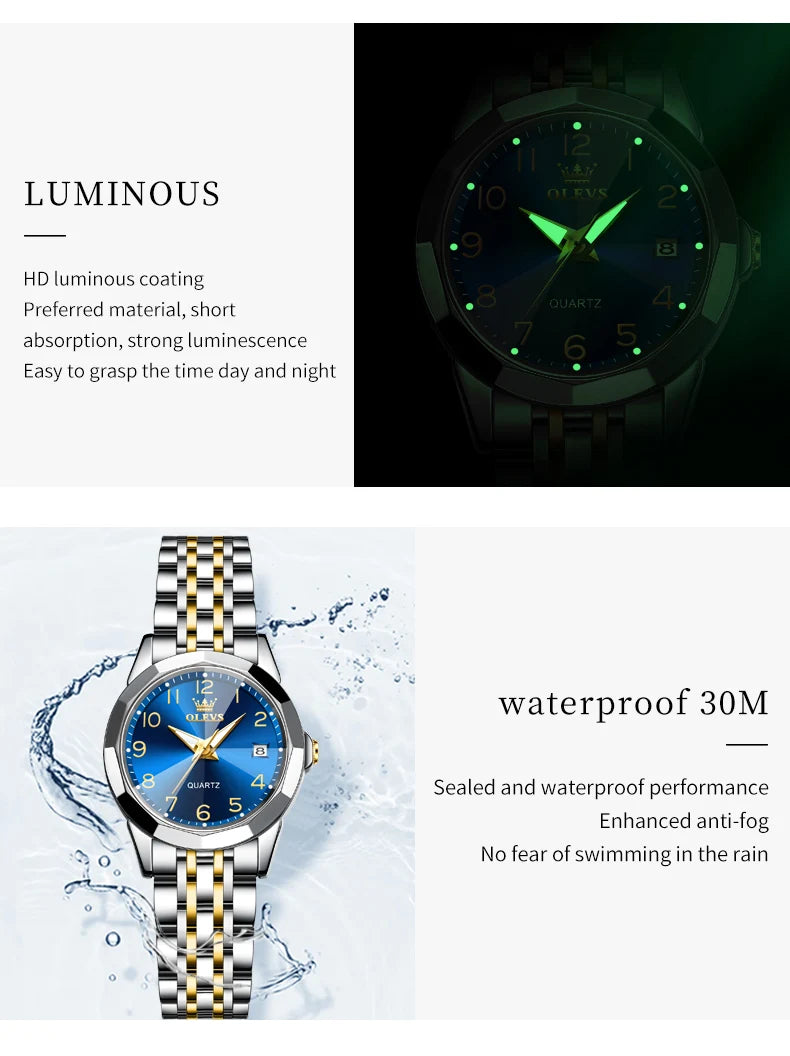 OLEVS 9970 Luxury Couple Watch Men Women Stainless Steel Waterproof Calendar Wristwatch Digital Dial Rhombus Mirror Lovers Watch