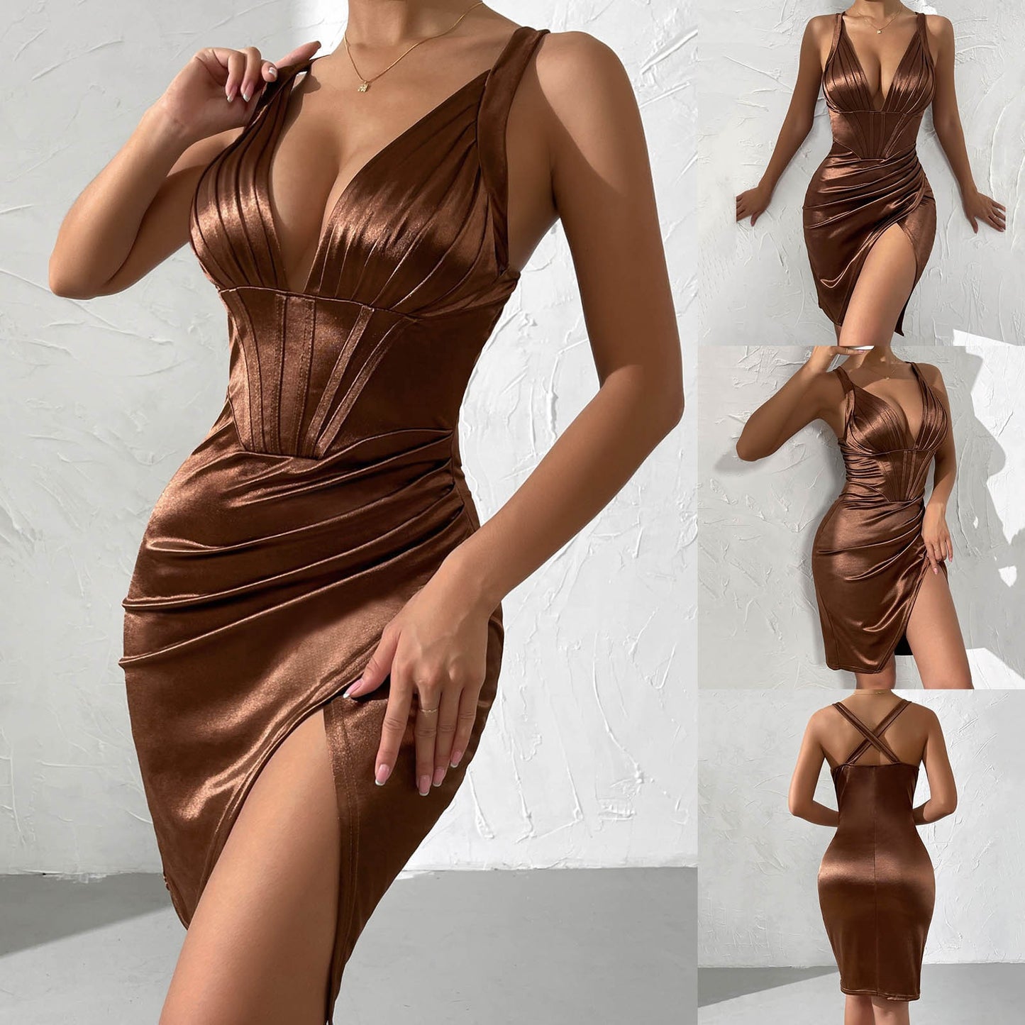 Deep V Neck Cross Strap Corset Dress