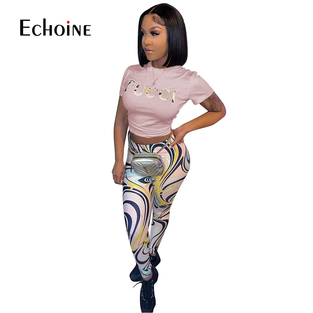 Echoine Letter Print Slim Fit Two Piece Set Spring Woman O Neck Short Sleeve T-Shirt Crop Top with Pencil Pants Casual Outfits