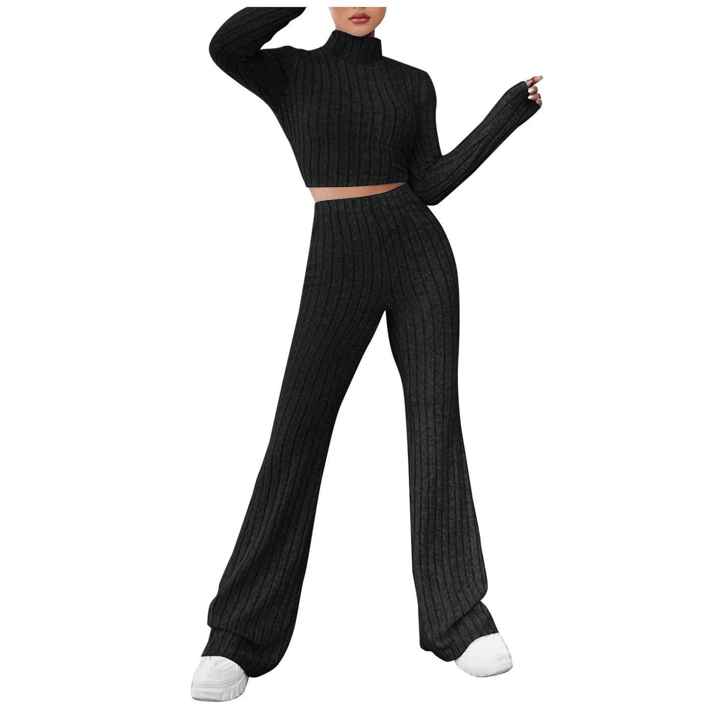 Casual Long Sleeve Knit Tops Pants Set Office Lady Fashion Elegant High Neck Slim Fit Tops Trousers 2 Pieces Set Outfit 2024