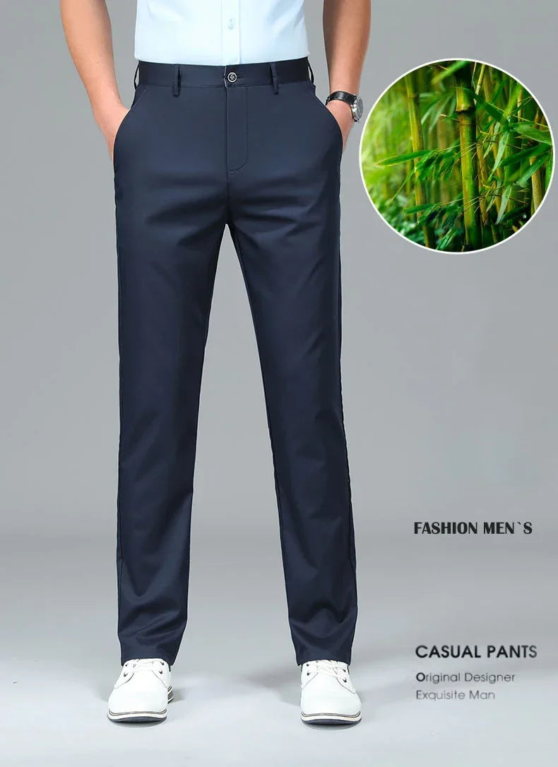 Bamboo Fiber Casual Pants Men's Spring Summer Solid Color Business Casual Fashion Straight Formal Suit Long Trousers Male