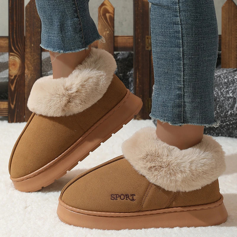 2024 Pink Faux Fur Winter Boots Women New Faux Suede Short Plush Snow Boots Woman Non Slip Thick Bottom Cotton Padded Shoes 45