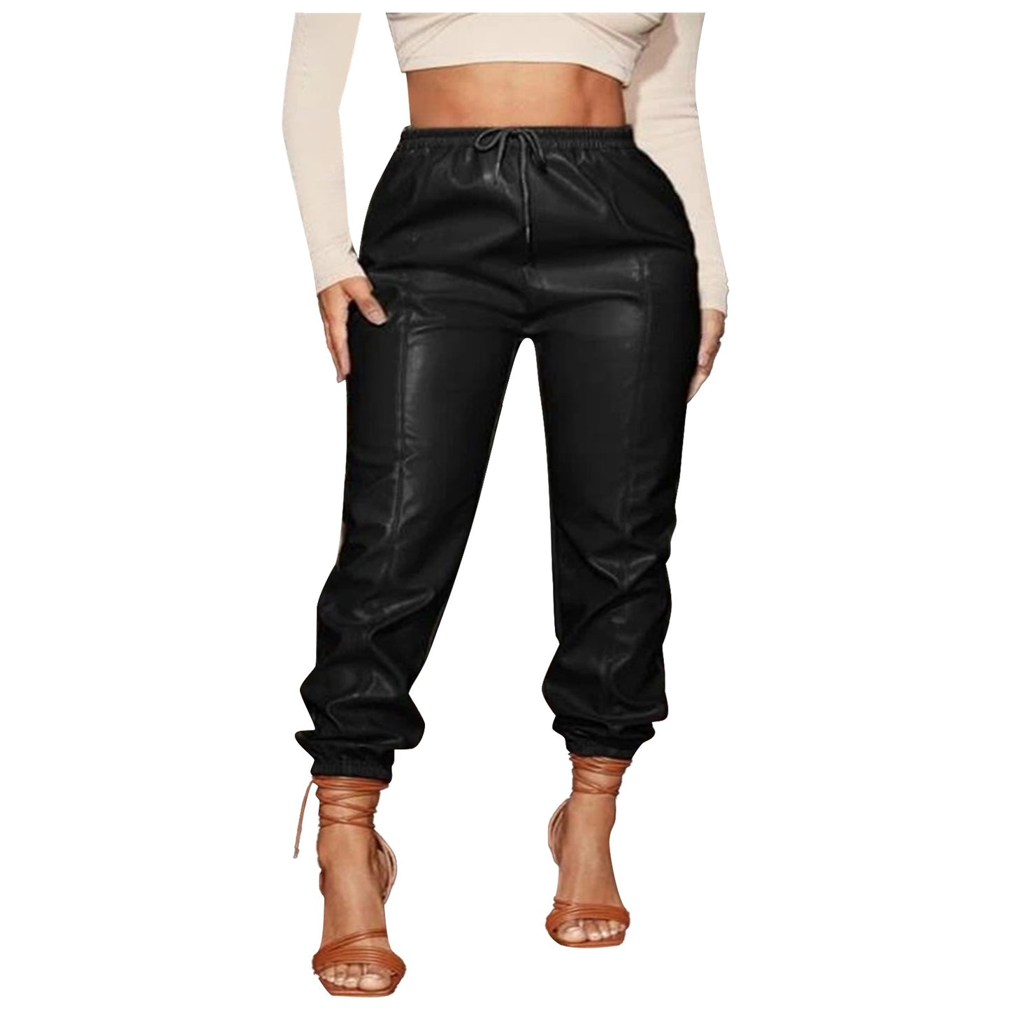 Leather Pants (incl. Belt) Mid-Waist Fashion Straight Leg