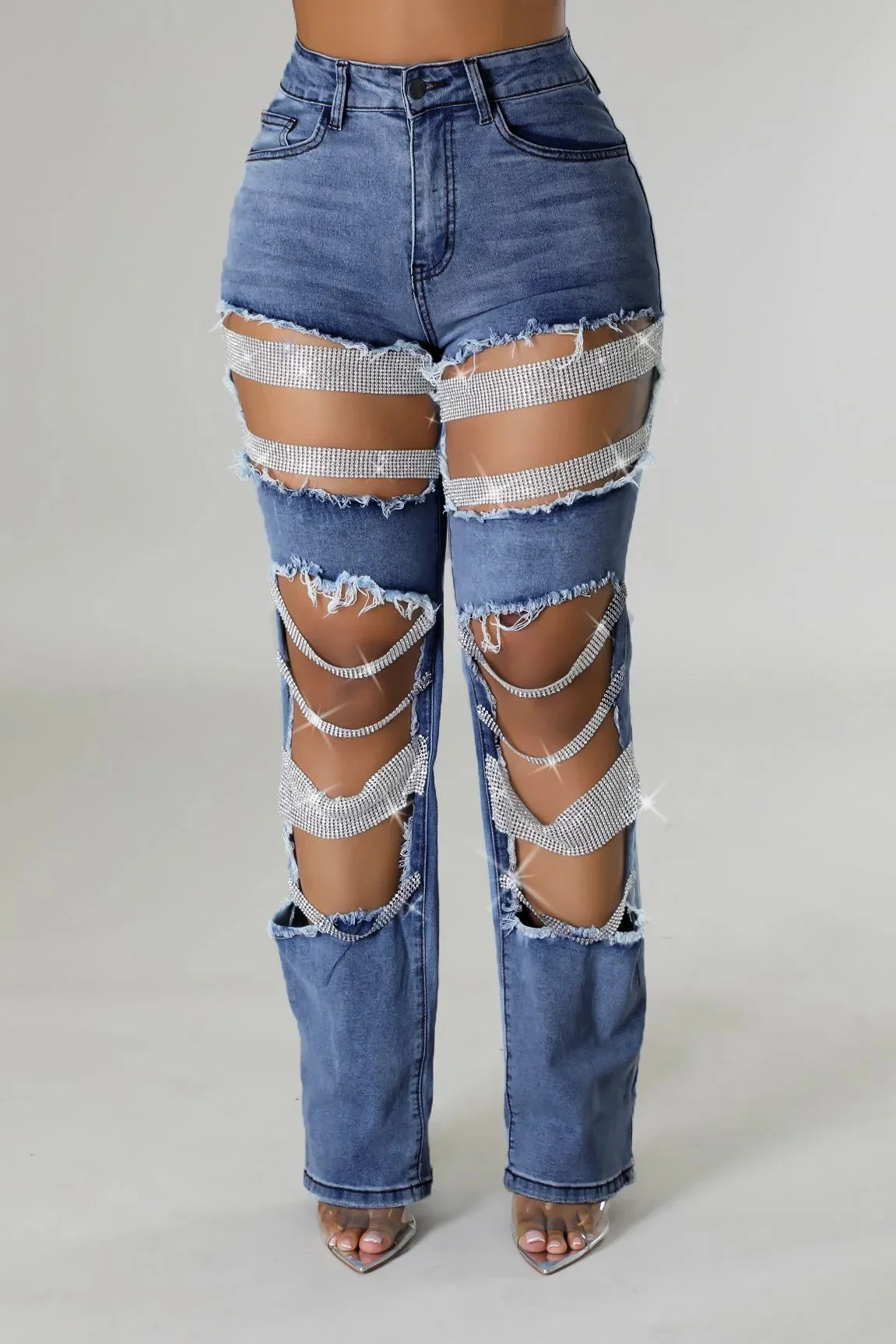 Women Fashion Pearl Beading Ripped Hollow Out Tassel Jeans