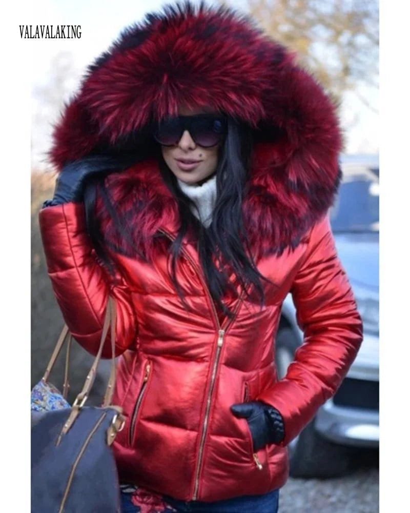 2025 Winter Plus Size Faux Fur Hooded Coat For Women Pu Leather Long Sleeve Jacket Ladies Solid Large Zipper Pocket Warm Outwear