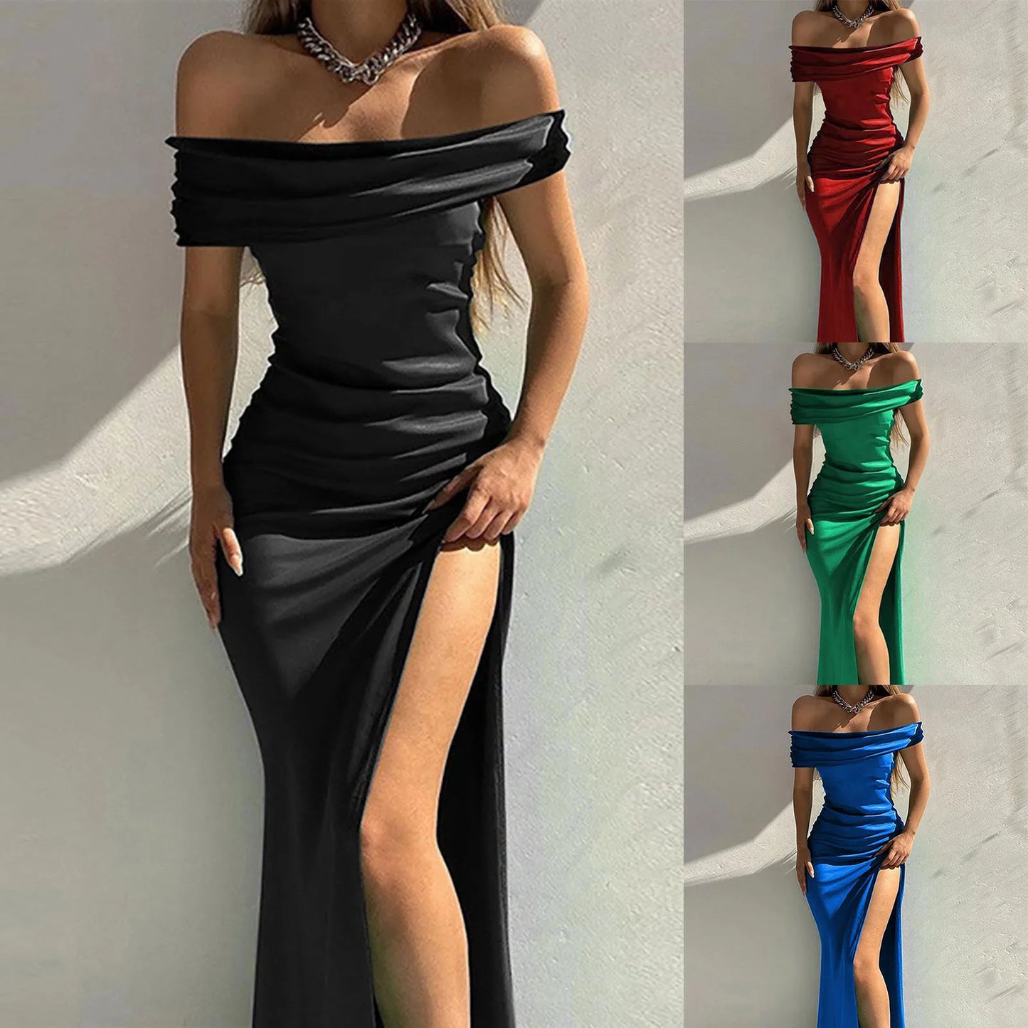 Off Shoulder Satin Slim Side Slit Midi Dress